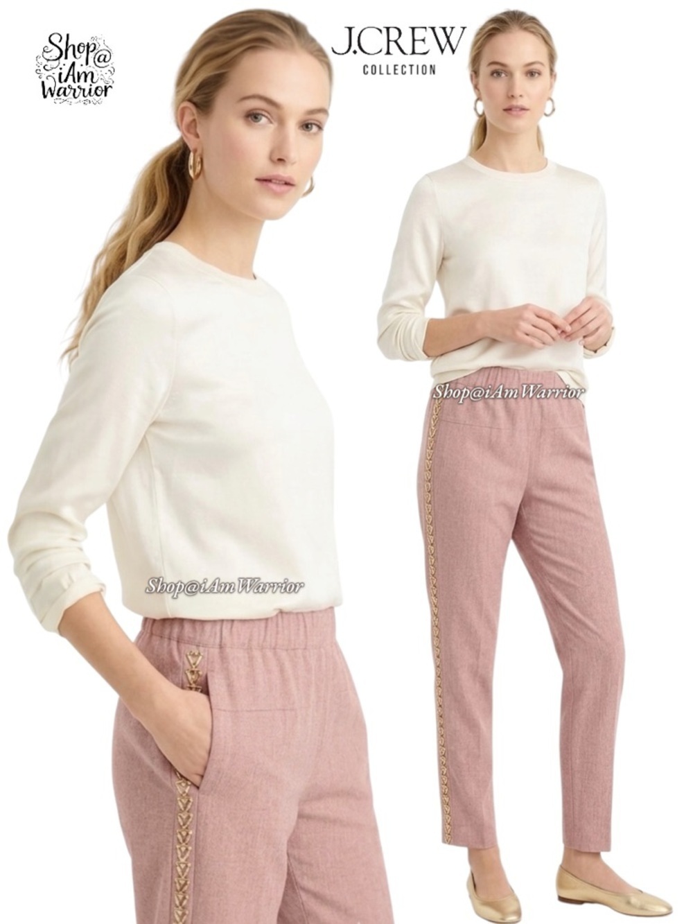 J.Crew Collection blush rose beaded tuxedo stripe pull-on pants *shop@iamwarrior